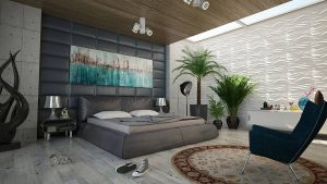 Stilvolles Schlafzimmer mit verschiedenen Paneelen an den Wänden