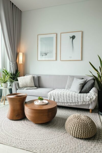 Ein hellgraues Sofa steht auf einem hellen Teppich und davor stehen bronzefarbene Couchtische